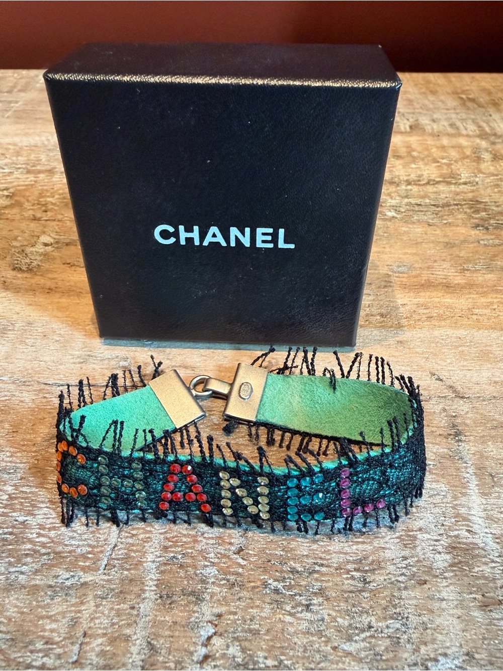 CHANEL Green Leather Multicolor Sequin Fringe Bracelet